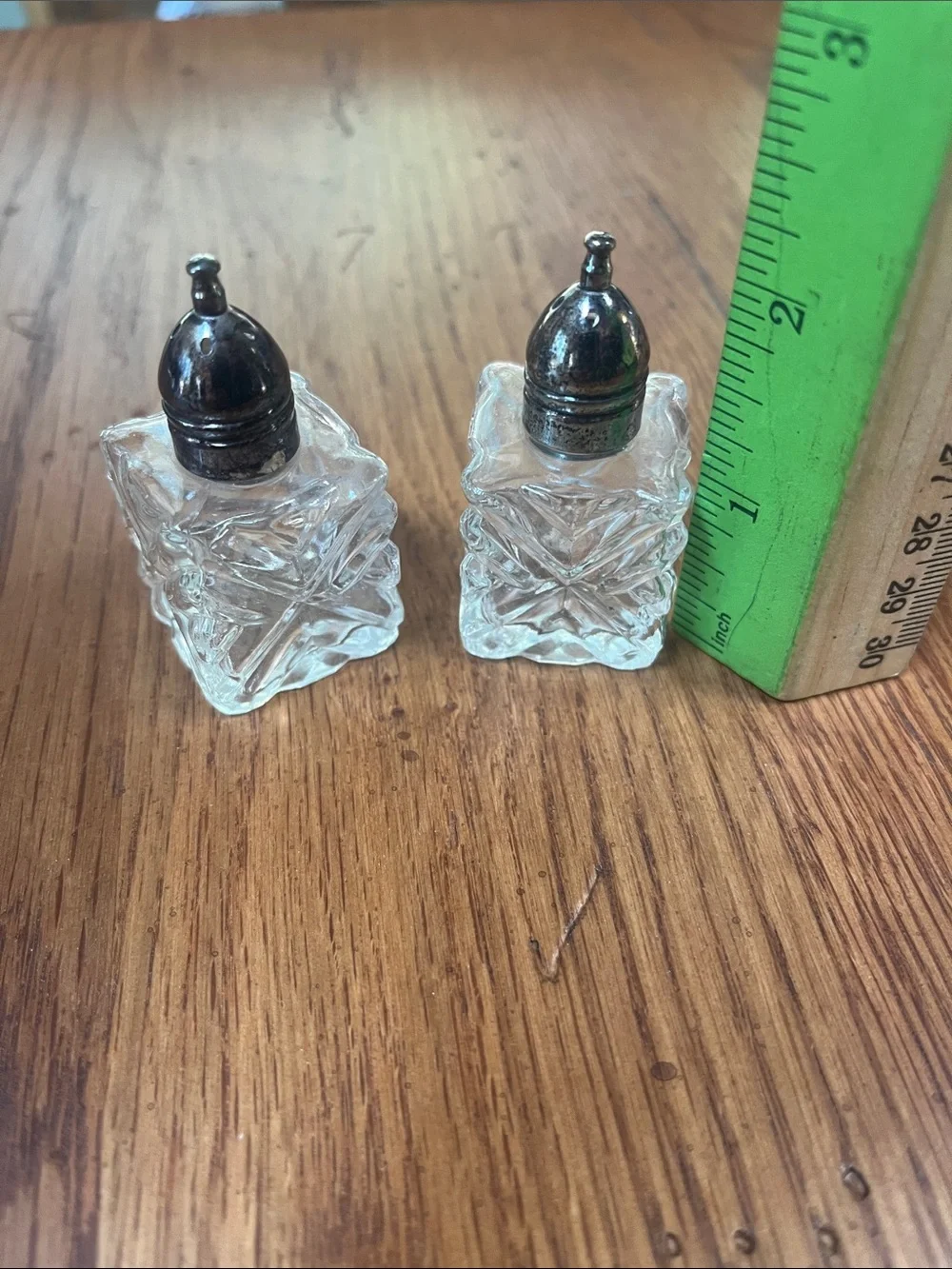 Vintage Pair Glass Salt and Pepper Shakers with Silver-Tone Tops